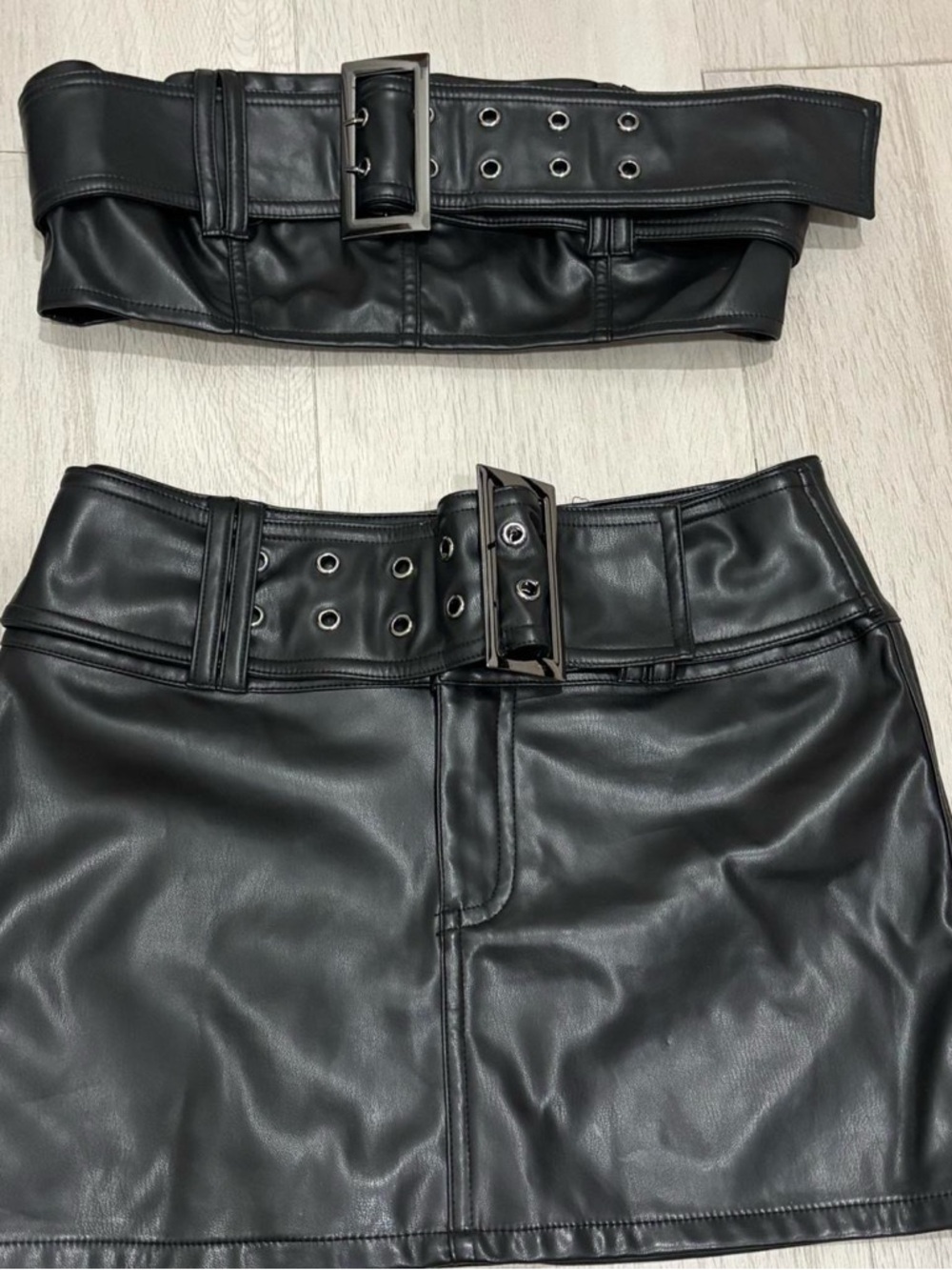 Lee Black Faux Leather Mini Skirt with Grommet Belt